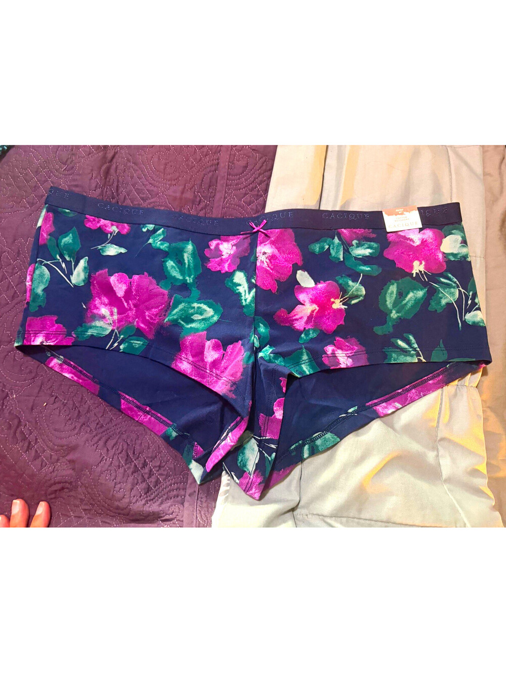 Cacique Women’s Plus 22/24 Plus Cotton Floral Boyshort Panties Bow Navy Pink